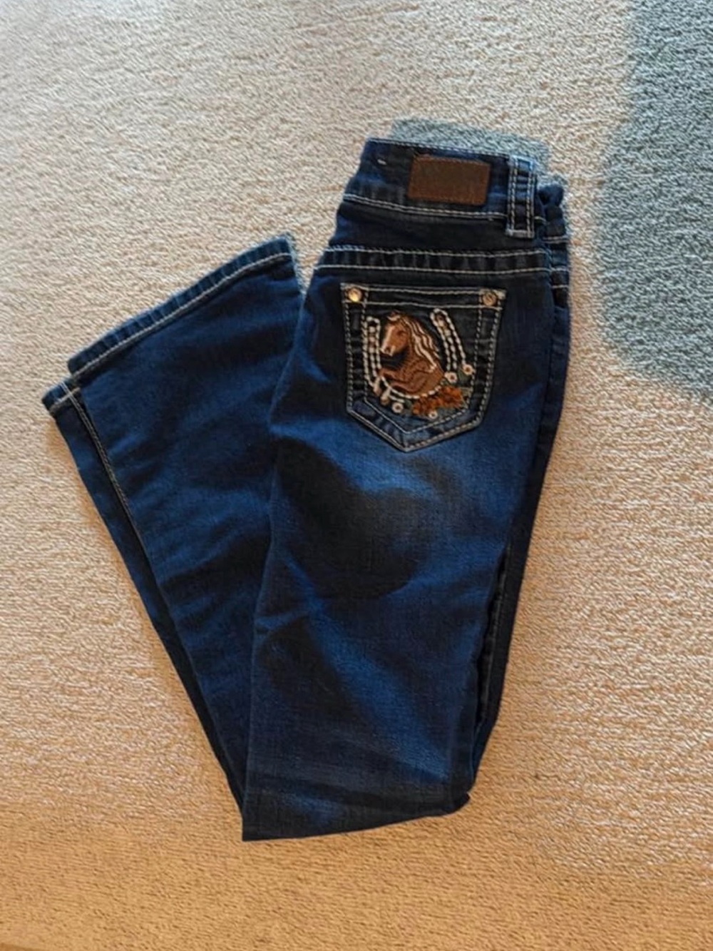 Shyanne Dark Blue Bootcut Jeans with Embroidered Horse Pocket